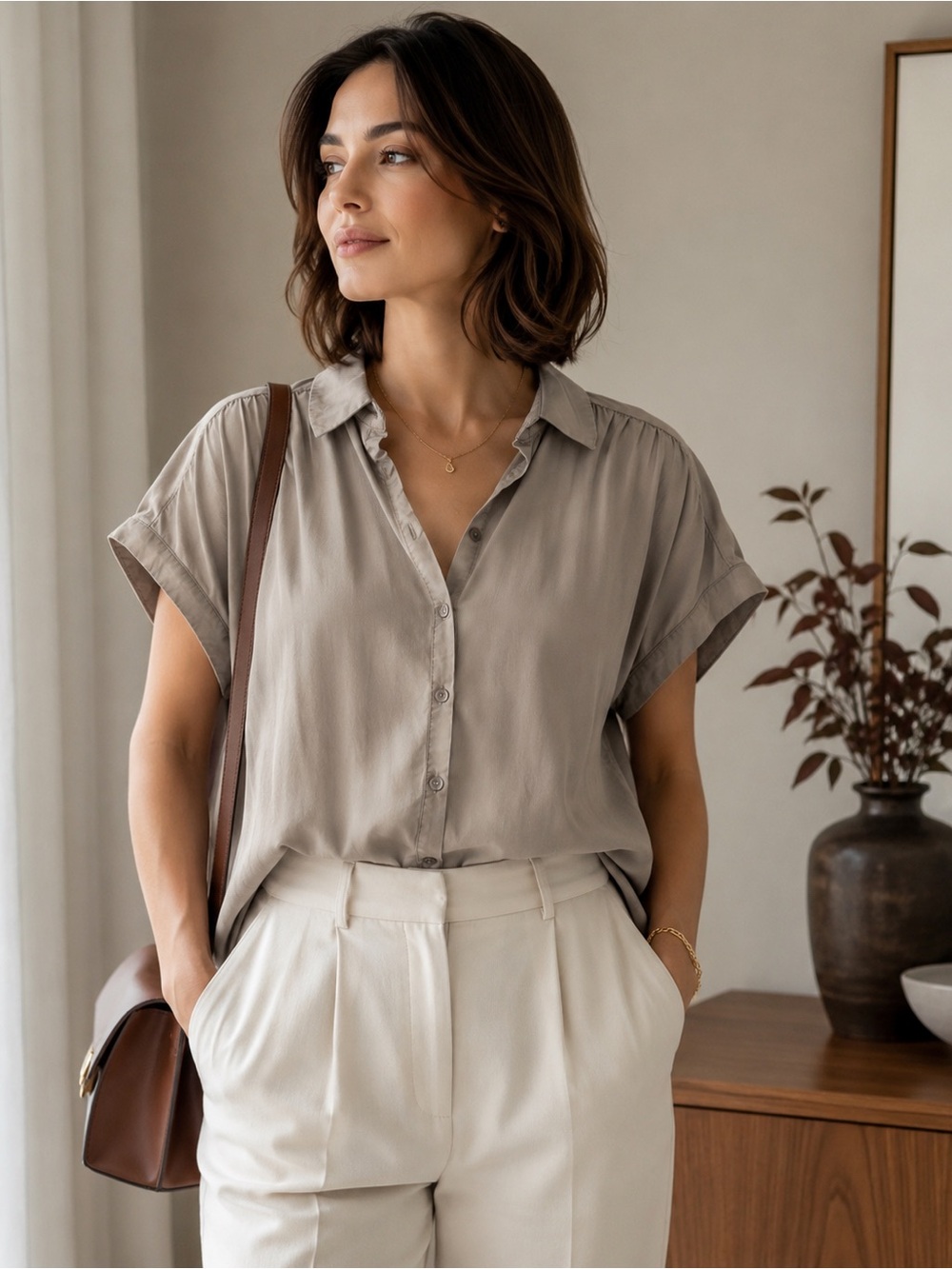 Quince 100% Tencel Lyocell Button Down Shirt Taupe Relaxed Quiet Luxury L